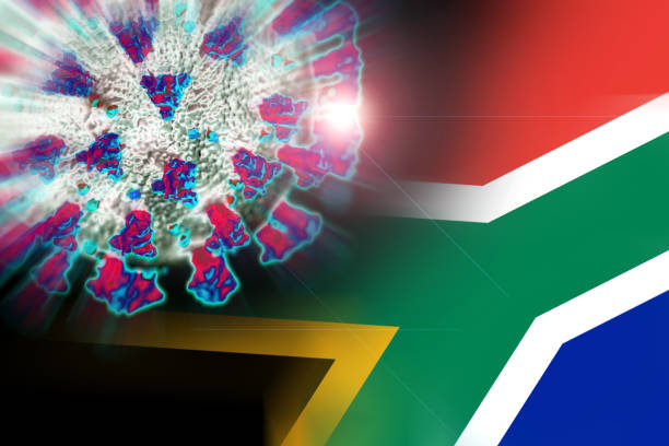 Illustration of the variant of the covid-19 virus. South Africa coronavirus variant, with African flag.  south africa covid stock illustrations
