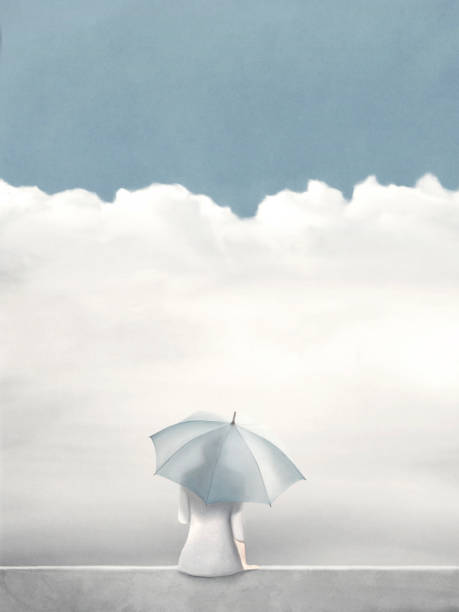stockillustraties, clipart, cartoons en iconen met illustratie van vrouw met paraplu die op de wolken wacht om over te gaan, hoop abstract concept - rain woman sun