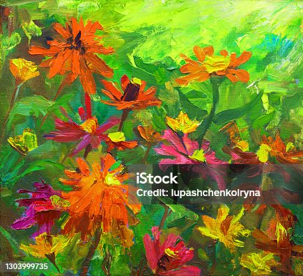 istock Illustration oil painting landscape flowers Zinnia graceful on a bed of plants among other flower buds of leaf stalks 1303999735