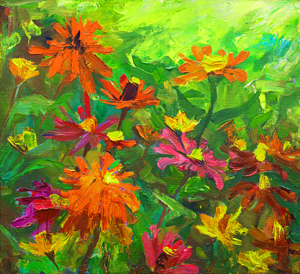 Artistic illustration allegory of summer modern art work my original oil painting on canvas impressionism summer landscape flowers Zinnia graceful on a bed of plants among other flower buds of leaf stalks against the background of bright sun rays and green leaves of trees and herbs