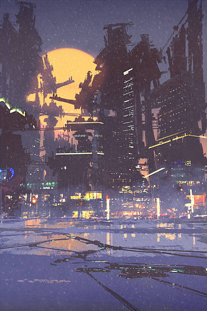 illustration painting of sci-fi city illustration painting of sci-fi city,digital painting cyberpunk stock illustrations