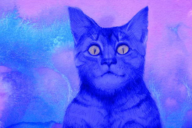 illustration  painting with watercolors   portrait kitten with glowing eyes in the dark on an abstract background of flowing watercolor paint in blue evening colors vector art illustration