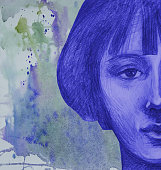 istock illustration watercolor painting portrait face  of girl with short dark hair and retro hairstyle in shades of blue frozen frost on the window from spots of spreading watercolor paint on paper 1338847769