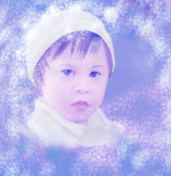 Illustrative portrait of a girl with special needs in light clothing Illustrative portrait of a girl with special needs in light clothing on a snowy background sweet little models pictures stock illustrations