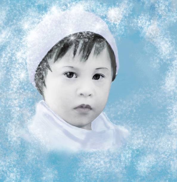 Illustrative portrait of a girl with special needs in light clothing Illustrative portrait of a girl with special needs in light clothing on a snowy background sweet little models pictures stock illustrations