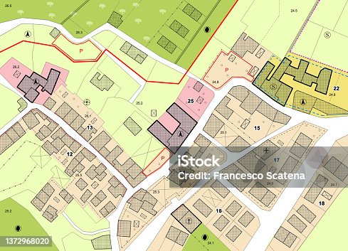 istock Imaginary General Urban Plan with indications of urban destinations with buildings, roads, buildable areas and land plot - note: the map is totally invented and does not represent any real place 1372968020