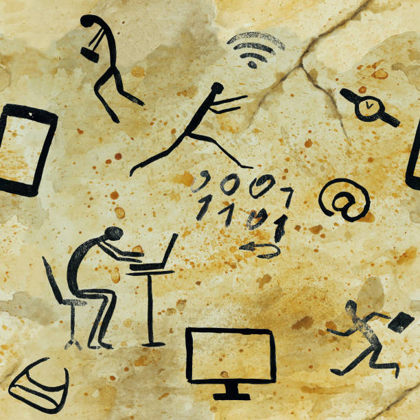 nachahmung der zeichnung in einer höhle von einem alten mann auf einer felswand gemalt, laptop, smartphone, menschen, nahtlose muster, aquarell. - felszeichnung oder höhlenmalerei stock-grafiken, -clipart, -cartoons und -symbole