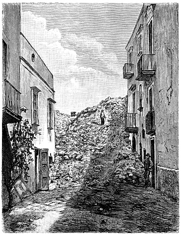 Illustration of a Incoming lava in a village near Naples