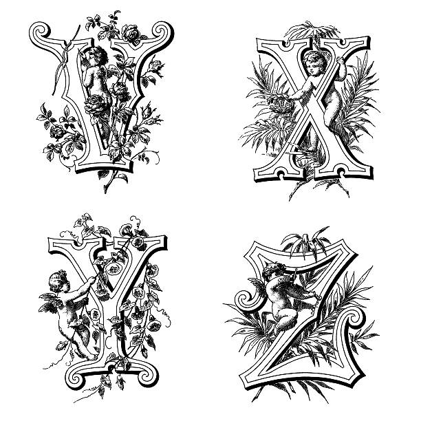 Initials with Angels "Initial letters V,X,Y,Z. From an old exquisite alphabet in an old source book, middle 19th century. Photographed and edited by J. C. Rosemann." drawing of a fancy letter v stock illustrations