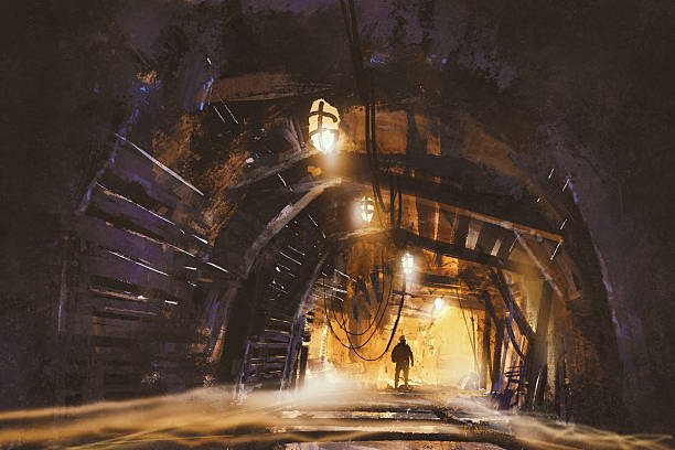inside of the mine shaft with fog - maden stock illustrations