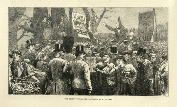Irish nationalist, Fenian, demonstration in Hyde Park London, 1870s, Victorian, 19th Century vector art illustration