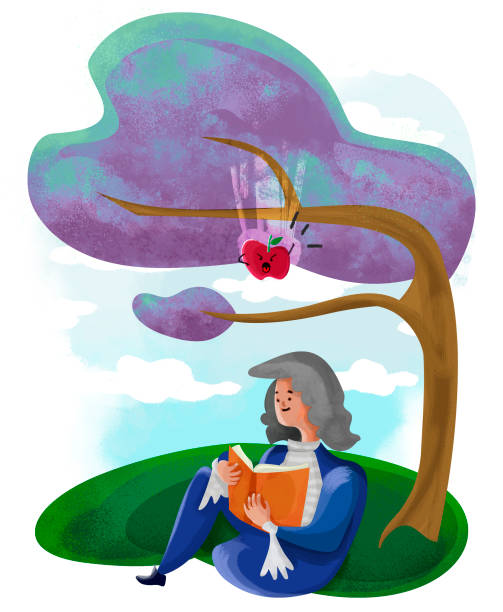 Isaac and the fearless apple illustration about Isaac Newton, discovery of the law of gravity and the threatening apple. isaac newton stock illustrations