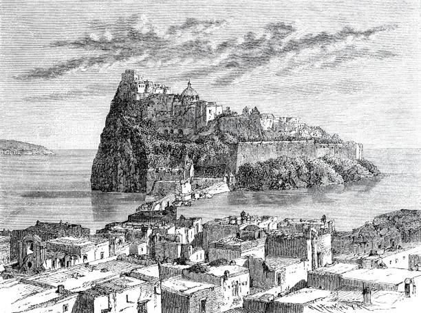 ischia adası kalesi - napoli stock illustrations