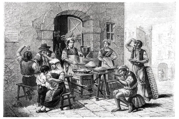 Italian village people preparing and eating macaroni 1861 vector art illustration