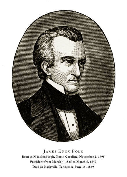 James Knox Polk, Engraved Portrait of President, 1888 Beautifully Illustrated Antique Engraved Victorian Illustration of Engraved Portrait of President, James Knox Polk, 1888. Source: Original edition from my own archives. Copyright has expired on this artwork. Digitally restored. james knox polk stock illustrations
