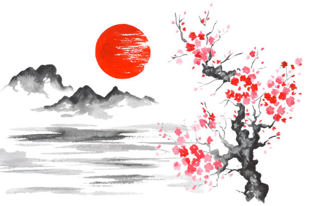 Japan Traditional japanese painting Sumi-e art Sun Mountain Sakura Lake vector art illustration