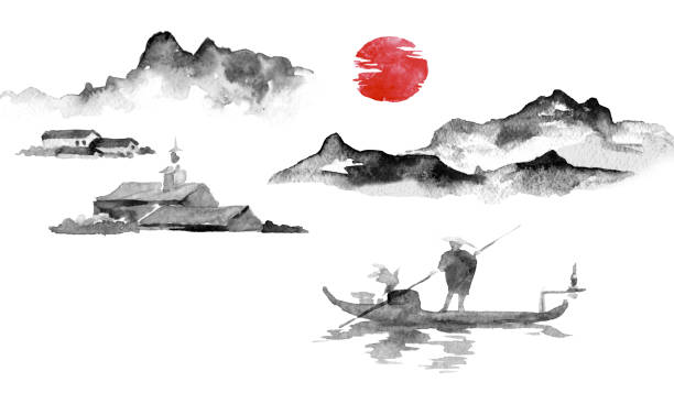 Japan traditional sumi-e painting. Indian ink illustration. Man and boat. Mountain landscape. Sunset, dusk. Japanese picture. vector art illustration