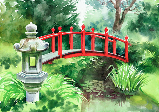 Japanese garden with red bridge vector art illustration