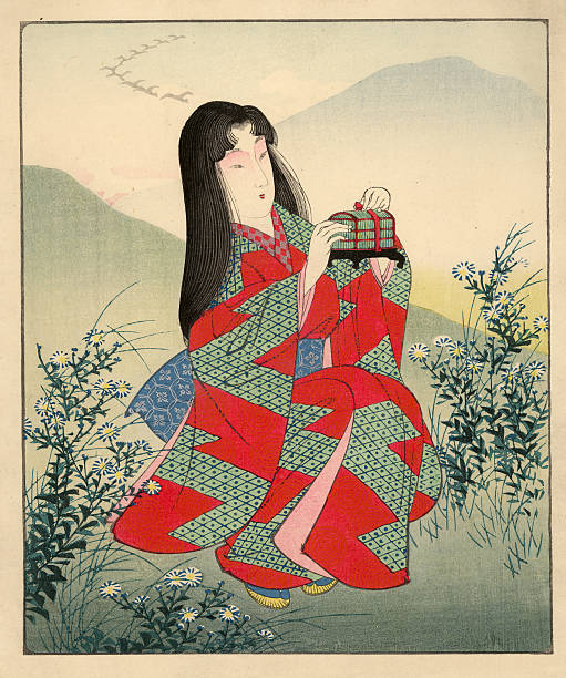 Japanese Woodblock of female in landscape Japanese scene from the master Kunisada, 1786-1865,a woodblock print, circa 1845 from the Edo period  showing a female figure in traditional Kimono looking into a casket as a flock of geese fly over the mountains in the background.  animal photography stock illustrations