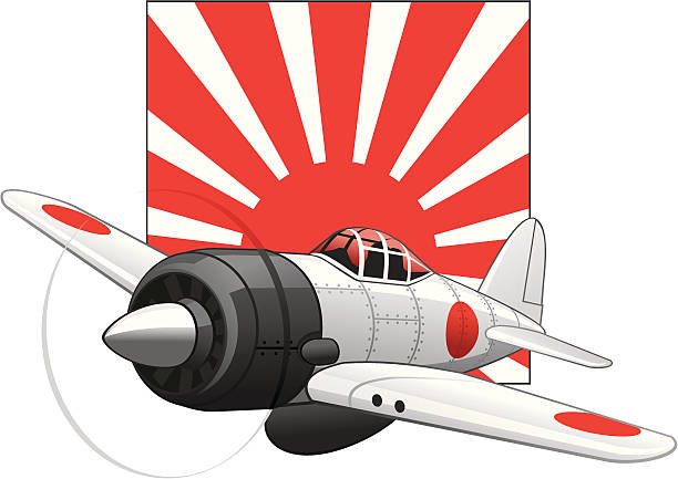 Japanese WW2 plane on a rising sun background Japanese WW2 fighter airplane on a rising sun japanese flag background pearl harbor stock illustrations