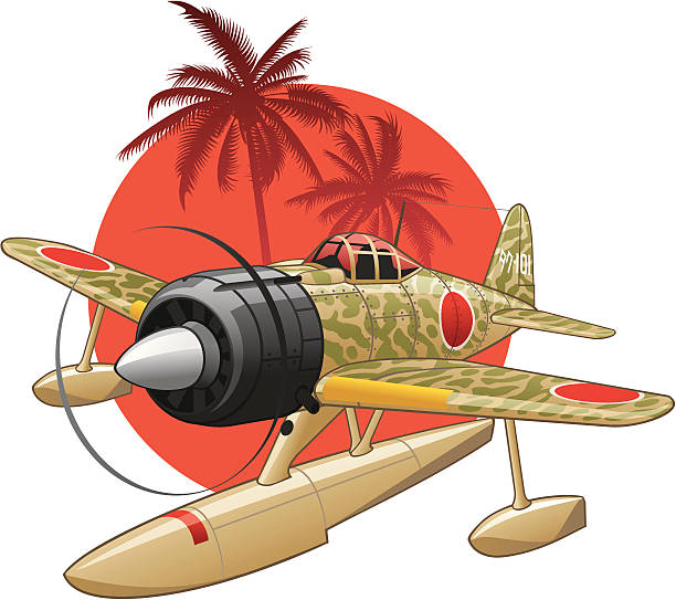 Japanese WW2 seaplane on the rising sun background Camouflated Japanese WW2 hydroplane on a Japanese flag background with palm trees silhouettes pearl harbor stock illustrations