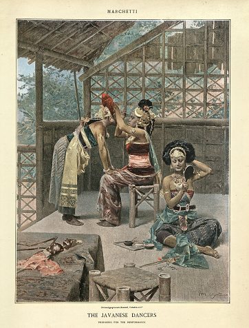 Vintage illustration Javanese dancers preparing for the performance at Exposition Universelle of 1889, Paris. Marchetti