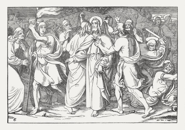 Jesus arrest in the Garden of Gethsemane, woodcut, published 1850  drawing of the good friday stock illustrations