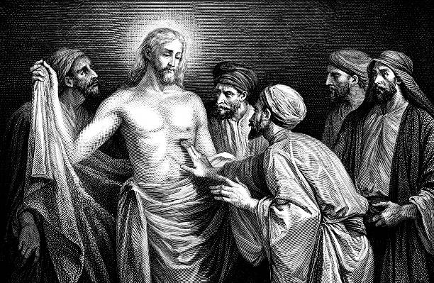 stockillustraties, clipart, cartoons en iconen met jesus christ answers doubts of saint thomas - driekwartlengte