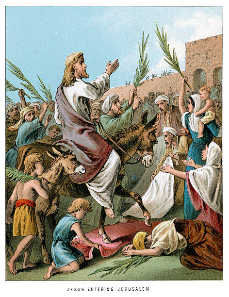 Jesus entering Jerusalem Vintage colour lithograph from 1882 of Jesus entering Jerusalem on the back of a donkey jerusalem stock illustrations
