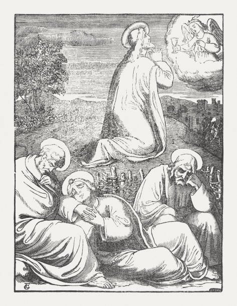 illustrazioni stock, clip art, cartoni animati e icone di tendenza di jesus in the garden of gethsemane, incisione su legno, pubblicato nel 1850 - jacobs