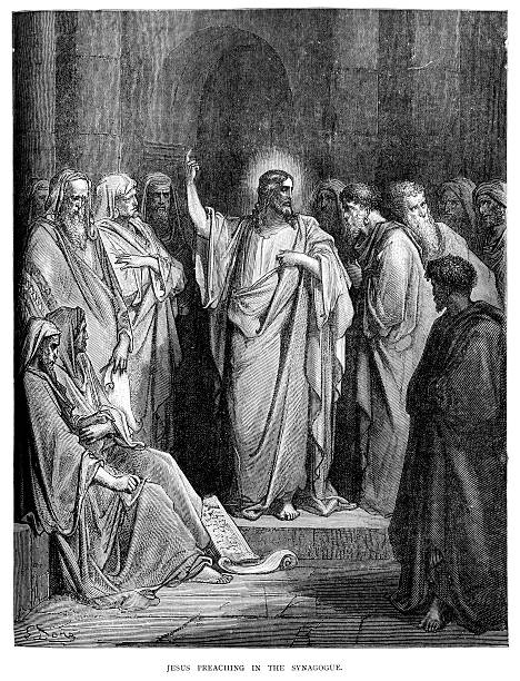 Jesus preaching in the synagogue Vintage engraving from the 1870 of a scene from the New Testament by Gustave Dore showing Jesus preaching in the synagogue synagogue stock illustrations