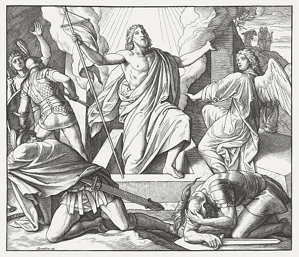 Jesus' resurrection (Matthew 28), wood engraving, published in 1860  easter sunday stock illustrations