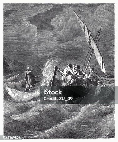 istock Jesus walks on water (Matthew 14), wood engraving, published 1862 1367169826