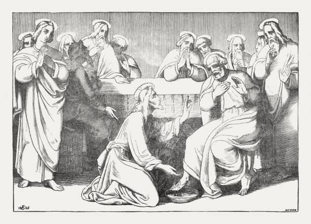 Jesus Washes His Disciples’ Feet (John 13,1-20), woodcut, published 1850  drawing of the good friday stock illustrations