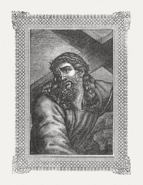 Jesus with cross, wood engraving, published in 1850  drawing of the good friday stock illustrations