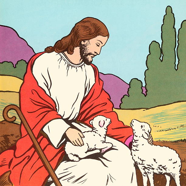 stockillustraties, clipart, cartoons en iconen met jesus with two lambs - driekwartlengte