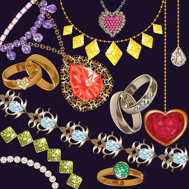 stockillustraties, clipart, cartoons en iconen met jewelry nabors gold, silver, diamond necklaces, bracelets and rings - diamant ring display