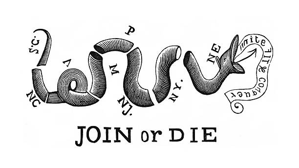 Join or Die - Design by Benjamin Franklin circa 1754  american revolution stock illustrations
