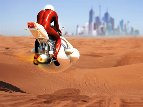 Journey to The City of Future Air motorcycle and hero pilot is flying with new generation jet technology on the desert. Travel destination journeys of the future. hot arab woman stock illustrations