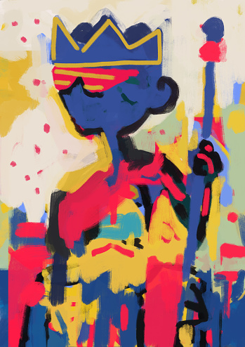 Joyful king in celebration and facing the crowd abstract, a modern style with crown, scepter and bezel , street art and 80s graffiti. Inventive oil painting with strong color. Painting for print