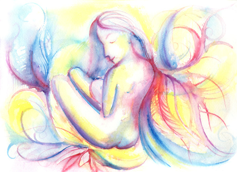 original abstract watercolor and ink illustration of mother breastfeeding her newborn, depicting the spiritual experience of giving life and the innocence of this simple and beautiful process. 