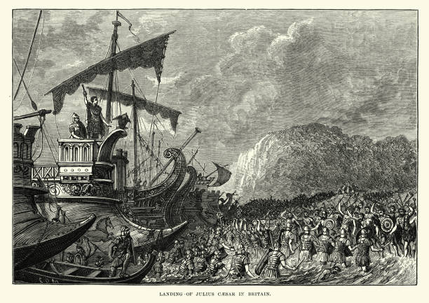 Julius Caesar invasion of Britain Vintage engraving of a scene from Ancient History, Julius Caesar's invasion of Britain. Roman soldiers fighting on the beach with ancient british warriors. military invasion stock illustrations