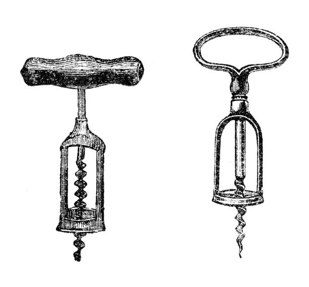 Kitchen Utensils: Corkscrew illustration was published in 1897 “hose and hoseholding" champagne silhouettes stock illustrations