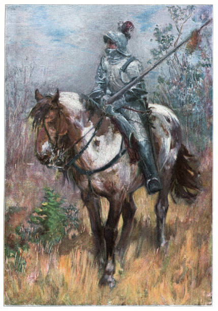 Knight in armour on horse waiting to attack painting vector art illustration