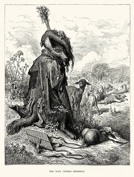 La Fontaine's Fables - The Wolf turned Shepherd Vintage engraving from La Fontaine's Fables, Illustraed by Gustave Dore. The Wolf turned Shepherd wolf in sheeps clothing stock illustrations