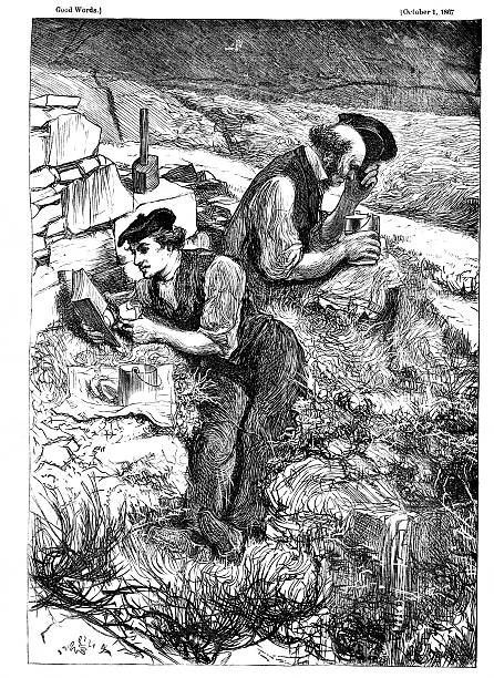 Labourers eating lunch -one reading book from 1867 journal vector art illustration