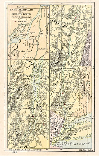 Map of military battles between the French and Native Americans against the British and American Colonists in 1754–1763. Illustration published in The New Eclectic History of the United States by M. E. Thalheimer (American Book Company; New York, Cincinnati, and Chicago) in 1881 and 1890. Copyright expired; artwork is in Public Domain.