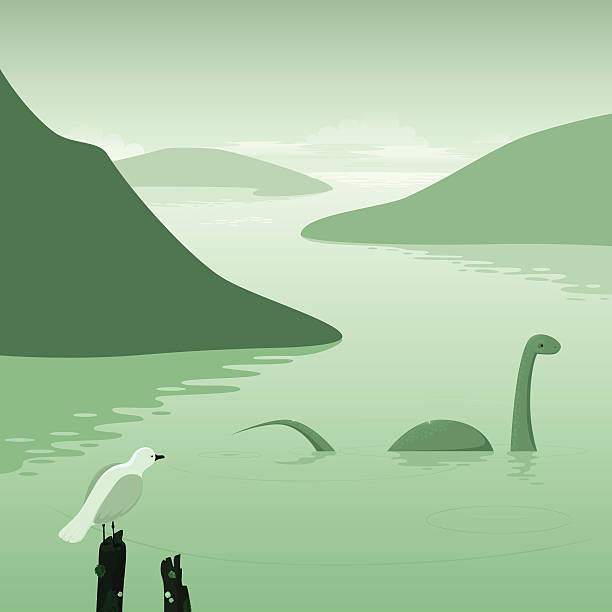 Lake Monster A Tranquil landscape with a cute lake monster and a curious seagull. loch ness monster stock illustrations