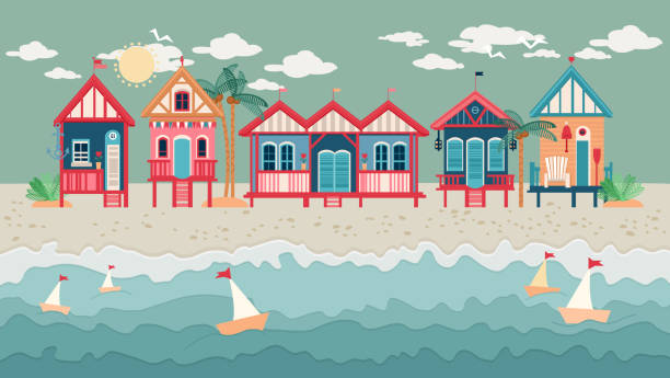 ilustraciones, imágenes clip art, dibujos animados e iconos de stock de paisaje con cabañas de playa en una fila - brighton