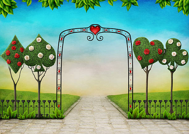 ilustrações de stock, clip art, desenhos animados e ícones de paisagem com árvores e rosas tópia - alice in wonderland